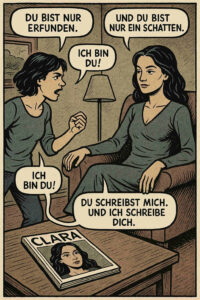 Im Comicstil streiten zwei Frauen: „Du bist nur erfunden.“ – „Und du bist nur ein Schatten.“ Beide sagen: „Ich bin du!“ Auf dem Tisch liegt eine Zeitschrift mit dem Titel „CLARA“ und dem Porträt der sitzenden Frau. Die Pointe: „Du schreibst mich. Und ich schreibe dich.“