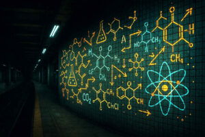 Eine U-Bahn-Station mit einer Wand, auf der leuchtende chemische Formeln, Molekülstrukturen und physikalische Symbole in Orange und Blau zu sehen sind – als Graffiti oder digitale Projektion.