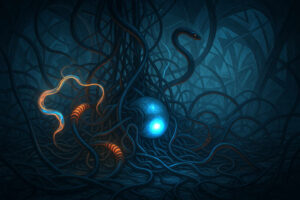 Eine düstere, organisch-technologische Szene mit einem leuchtenden, kugelförmigen Objekt, aus dem zahlreiche schwarze Kabel und schlangenartige Stränge wachsen, durchzogen von orange-blauen Energieadern.