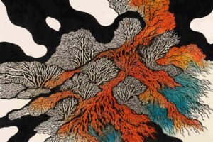 Abstrakte Struktur aus verzweigten, wurzelartigen Formen in Schwarz, Weiß, Orange und Türkis, die sich wie ein farbiger Strom durch eine kontrastreiche Landschaft bewegen.