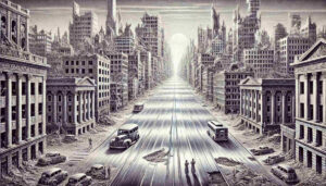 Schwarz-weißes Bild einer postapokalyptischen Großstadt mit zerstörten Hochhäusern, klassizistischen Gebäudefassaden und alten Autos auf einer endlos wirkenden Straße, die in ein gleißendes Licht führt.