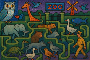 Ein farbenfrohes Mosaikbild eines Zoos mit verschiedenen Tieren wie Elefant, Tiger, Bär und Vögeln, durchzogen von labyrinthischen Wegen. Ein Tierpfleger in gelber Uniform geht durch das Bild.
