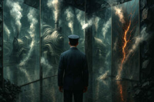 Ein Zugführer steht in einem verspiegelten Raum voller Dampflokomotiv-Reflexionen. Eine glühende Rissstruktur durchzieht eine der Spiegelwände, während Kohlenstücke am Boden liegen.