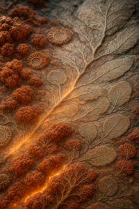 Eine Felsfläche mit filigranen Blattmustern und versteinerten Strukturen. Zwischen den Formen leuchten goldene Risse wie flüssiges Licht. Ein Bild zwischen fossiler Erinnerung und organischem Leben.