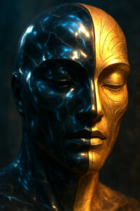 Eine menschliche Skulptur, halb in tiefem Schwarz und halb in leuchtendem Gold, füllt das Bild. Die linke Seite glänzt dunkel mit feinen Adern, die rechte Seite erstrahlt wie aus purem Metall. Geschlossene Augen verleihen der Figur eine meditative Ruhe.