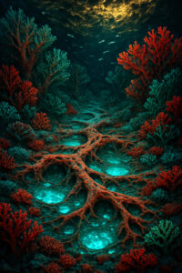 Eine geheimnisvolle Unterwasserwelt mit roten und blauen Korallen. Ein Netzwerk aus wurzelähnlichen Strukturen zieht sich über den Boden und bildet leuchtende, türkisfarbene Becken. Über ihnen schwimmen kleine Fische im goldenen Licht.