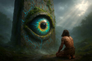 Ein prähistorischer Mensch kniet vor einem riesigen Monolithen mit einem leuchtenden, farbintensiven Auge in der Mitte, umgeben von bläulichen Energielinien in einer mystischen Waldszenerie.