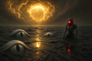 Ein düsteres Meer, aus dem riesige Augen hervorragen, unter einem drohenden, feurig-gelben Himmel. Daneben steht eine gespenstische Gestalt mit rot leuchtenden Augen – ein Bild wie aus einem Albtraum.