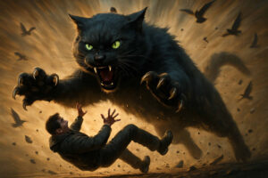 Eine gigantische schwarze Katze mit glühend grünen Augen springt bedrohlich auf einen rückwärtsfallenden Mann zu. Um sie wirbelt Staub, während schwarze Vögel wie dunkle Vorzeichen am Himmel kreisen.