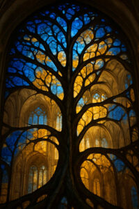 Ein riesiges Kirchenfenster aus Buntglas zeigt die Silhouette eines Baumes. Blaue und goldene Glasflächen leuchten wie Himmel und Sonne hinter den Verästelungen. Die Kombination von Naturform und sakraler Architektur wirkt erhaben und mystisch.