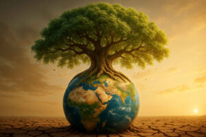 Ein großer, prächtiger Baum wächst direkt aus der Erde einer stilisierten Weltkugel, deren Kontinente und Meere deutlich zu sehen sind, vor einem goldenen Sonnenuntergang.