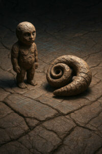 Eine grob geformte Figur aus Stein steht einem spiralförmig gedrehten Hornobjekt gegenüber. Beide stehen auf rissigem Boden, durchzogen von geometrischen Mustern. Die Szene strahlt ein archaisches, rätselhaftes Mysterium aus.