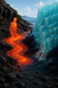Eine menschliche Gestalt aus Lava tritt einer Wand aus Eis entgegen. Glühende Ströme fließen ins Meer, wo sie das Wasser berühren. Die Szene zeigt den dramatischen Kontrast zwischen Hitze und Kälte.