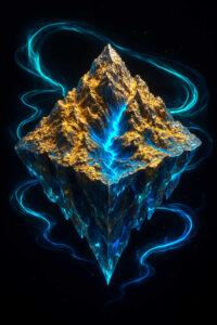 Würfelförmiger Berg mit goldenen Flanken und blauen Lichtadern, der im Dunkel schwebt. Energiewellen tanzen spiralig um die scharfen Kanten. Mystische Verbindung von Geometrie und Natur.