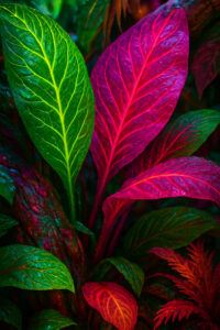 Leuchtende Blätter in Rot und Grün strahlen wie Edelsteine im Dschungel. Ihre Adern scheinen von innen heraus zu leuchten. Ein Kontrast von Farben, der an ein Gespräch zwischen zwei Welten erinnert.