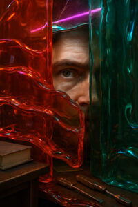 Ein Männergesicht schaut ernst durch geschmolzen wirkende Glasflächen in Rot und Grün. Neonlicht spiegelt sich in den transparenten Strukturen. Auf dem Tisch davor liegen ein Buch und Werkzeuge, die eine Geschichte andeuten.