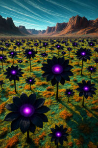Eine weite Ebene voller schwarzer Blumen mit leuchtend violetten Zentren. Im Hintergrund erstreckt sich eine Bergkette unter einem klaren Himmel. Die Blüten glühen wie kleine Sterne in der Landschaft.