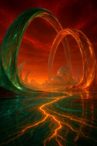 Gigantische, durchscheinende Bögen erheben sich in einer glühenden, rot-goldenen Landschaft. Auf dem Boden ziehen sich leuchtende Adern aus Lava-artigem Licht. Eindruck einer fremden Welt voller Energie und Bewegung.