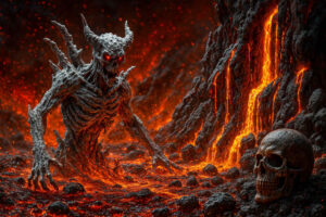 Ein skelettartiges Wesen aus Asche erhebt sich aus einem Lavafeld. Seine roten Augen brennen wie Kohlen, während neben ihm ein Totenschädel im Gestein liegt. Glühende Lava ergießt sich von den Felsen.
