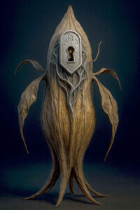 Eine pflanzenartige, vertrocknet wirkende Knospe mit metallischem Schlüsselloch in der Mitte, aus dem sich feine Wurzeln oder Adern schlängeln, steht vor dunklem Hintergrund.