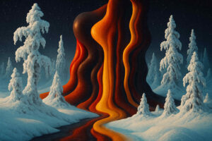 Eine surreal wirkende, fließende Formation in leuchtenden Orange- und Rottönen erhebt sich wie erstarrte Lava zwischen schneebedeckten, bizarr geformten Tannen. Unter einem klaren, dunklen Sternenhimmel schlängelt sich ein glühender Pfad durch die Winterlandschaft.