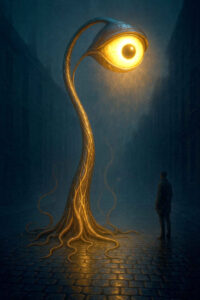 Eine organisch geformte Straßenlaterne mit einem leuchtenden Auge an der Spitze beleuchtet eine dunkle, neblige Straße, während eine Person in Mantel davorsteht.