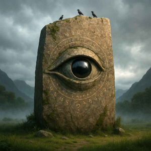 Ein steinerner Monolith mit einem dunklen, glänzenden Auge und umlaufenden Runen steht inmitten einer nebligen Berglandschaft, drei Raben sitzen auf seiner Spitze.
