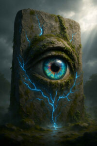 Ein riesiger rechteckiger Fels mit einem leuchtenden, blaugrünen Auge in der Mitte, aus dem sich blaue Energieadern durch den Stein ziehen, steht in nebliger Landschaft.