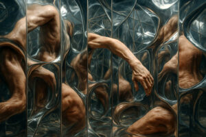 Fragmentierte menschliche Körperteile spiegeln sich in einem Labyrinth aus verzerrten Spiegelwänden und ergeben ein surreales Muster.