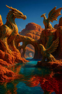 Zwei riesige Drachenskulpturen ragen über türkisfarbenem Wasser in einer Canyonlandschaft. Rotes Gestein und kunstvolle Strukturen verleihen ihnen eine lebendige Präsenz. Spiegelungen im Wasser verstärken die Magie.