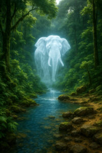 Ein dichter Urwald mit einem klaren Fluss, über dem die geisterhafte Gestalt eines Elefanten schwebt. Das Tier erscheint aus weißem Nebel geformt und scheint ein spiritueller Wächter der Natur zu sein. Eine Szene voller Magie und Ruhe.