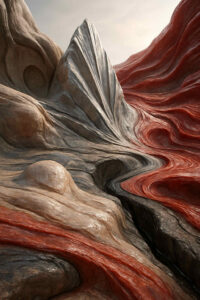 Felsformationen, die wie gefrorene Wellen oder Haut wirken, durchzogen von roten und grauen Schichten. Eine Landschaft, die zwischen organisch und mineralisch changiert. Eindruck einer geologischen Skulptur, die sich zu bewegen scheint.