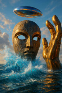 Eine riesige goldene Maske erhebt sich aus den Wellen, begleitet von einer monumentalen Hand. Über ihr schwebt ein glänzendes, silbernes Objekt wie ein Rätsel des Himmels. Gewaltige Wassermassen schlagen gegen die Statue, während der Himmel dramatisch leuchtet.