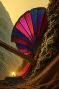 Riesiger, farbig leuchtender Fächer erhebt sich zwischen Felswänden. Menschen stehen winzig vor einer glühenden Sonne auf einem Plateau. Eine Mischung aus organischer Wurzelkraft und architektonischer Schönheit.