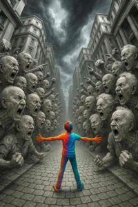 Ein junger Mensch in bunten Farben steht mit ausgebreiteten Armen in einer grauen Straße. Links und rechts reihen sich wütende, steinerne Gesichter, die schreien und drohen. Am Himmel türmen sich dunkle Wolken, die Bedrohung unterstreichen.