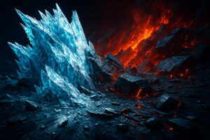 Eine monumentale Formation aus Eis steht einer glühenden Lavawand gegenüber. Blau und Rot prallen in einem dramatischen Kontrast aufeinander. Die Szene wirkt wie der ewige Kampf der Elemente – gefrorene Stille gegen brennendes Chaos.
