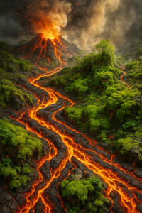 Ein Vulkan bricht aus, während leuchtend rote Lavaströme wie glühende Flüsse durch ein sattgrünes, moosbedecktes Gebirge fließen – ein kraftvoller Kontrast zwischen Leben und Zerstörung.