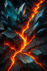 Ein Strom aus Lava durchzieht den Boden und bricht an türkisfarbenen Kristallen auf. Die scharfen Kanten der Steine leuchten im Kontrast zur Hitze. Das Bild wirkt, als sei die Erde selbst aufgerissen. Energie und Schönheit verbinden sich in einem dramatischen Schauspiel.