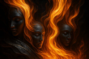 Drei schwarze, steinerne Gesichter mit geschlossenen Augen, aus deren Häuptern lodernde, orangefarbene Flammen emporsteigen. Die Stimmung wirkt mystisch und feierlich, als ob die Flammen die inneren Seelen enthüllen.