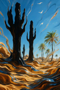 Schwarze, kaktusartige Gestalten ragen aus einer flimmernden Sandlandschaft. Palmen im Hintergrund scheinen durch flüssige Spiegelung verzerrt. Ein surrealer Wüstenraum zwischen Realität und Traum.