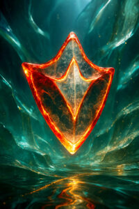 Ein leuchtendes, rotgoldenes Schild schwebt über einem türkisfarbenen Wasserstrom. Seine glühenden Kanten erinnern an geschmolzenes Metall, das Energie verströmt. Die Umgebung wirkt wie eine Mischung aus Ozean und kosmischem Raum.