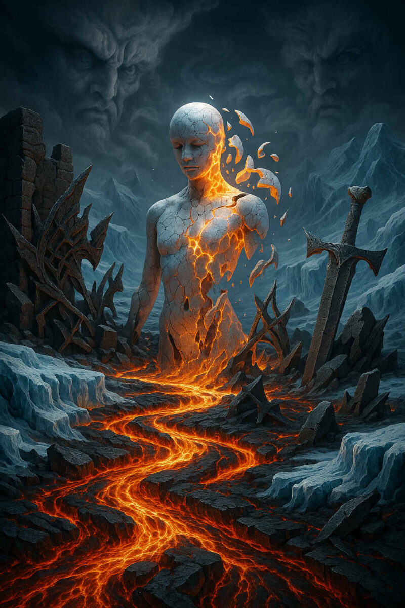 Eine riesige Statue in Menschengestalt reißt auf und glüht von Lava durchzogen. Ein Strom aus Feuer ergießt sich durch die Landschaft, während im Hintergrund steinerne Gesichter und Ruinen wachen. Kraft, Untergang und Neubeginn zugleich.