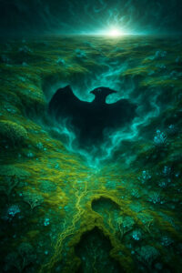 Ein gewaltiger Schatten in Form eines Vogels breitet sich aus einer leuchtenden Senke heraus. Grünlich schimmernde Energien umhüllen die Gestalt. Am Horizont leuchtet die Sonne, die Szene wirkt wie ein mythisches Erwachen.