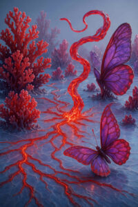 Zwei violette Schmetterlinge sitzen in einer surrealen Landschaft. Rote Korallenbäume ragen aus dem Boden, der von leuchtenden Lavaadern durchzogen ist. Eine spiralförmige Flamme erhebt sich aus der Erde.