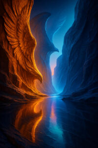 Ein Canyon mit surrealen Felsformationen, die wie riesige Flügel und Schnäbel geformt sind. Auf der linken Seite glühen sie in orangefarbenem Licht, rechts in kühlem Blau. Ein Fluss spiegelt die Farben und führt in die Ferne.