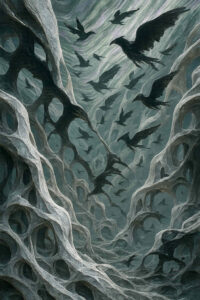 Eine düstere Landschaft aus löchrigen, knochenartigen Strukturen, durch die eine Schar schwarzer Krähen in einem grauen Himmel fliegt.