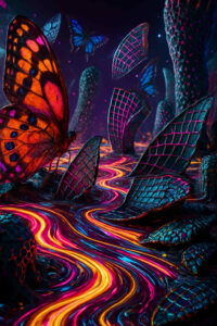 Ein bunter Schmetterling sitzt am Ufer eines neonfarbenen Stroms. Fremdartige, schuppenartige Strukturen ragen aus der Erde empor. Im Hintergrund flattern weitere Schmetterlinge im nächtlichen Himmel.