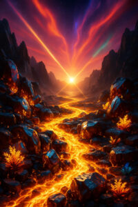 Ein glühender Strom aus Lava schlängelt sich durch ein Tal aus dunklen Felsen, während der Himmel in Purpur- und Orangetönen erstrahlt. Die Stimmung ist majestätisch, kraftvoll und von elementarer Energie durchdrungen.