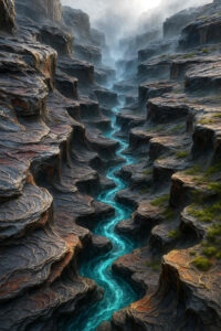 Ein smaragdblauer Fluss schlängelt sich durch ein Labyrinth aus schroffen Felsen. Die Schluchten wirken wie Treppen, die ins Unendliche führen. Nebel umhüllt die Ferne und verleiht der Szenerie ein geheimnisvolles Leuchten.