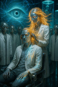 Zwei Menschen mit metallischem Schimmer sitzen in einem Labor, einer lässt sich von einer Frau mit goldenen Haaren berühren. Hinter ihnen stehen viele identische Gestalten in weißen Kitteln. Ein gigantisches Auge blickt von der Wand herab.